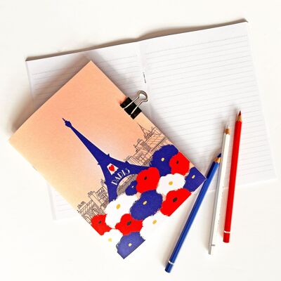 Paris Blau Weiß Rot liniertes Notizbuch aus Recyclingpapier, 48 Seiten im A5-Format