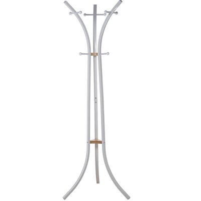 Garderobenständer aus weißem Metall mit Naturholz, 9 Knöpfe, 54 x 60 x 175 cm, ST83716