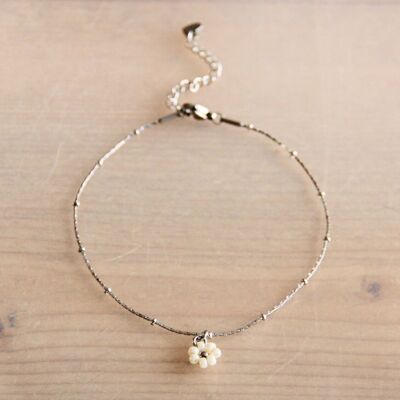Stainless steel fine anklet with daisy flower – cream/silver