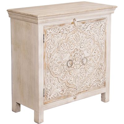MANGO WOODEN ENTRANCE FURNITURE WITH 2 CARVED DOORS WHITE DECA _90X40X90CM HIGH. LEGS:10CM ST68361