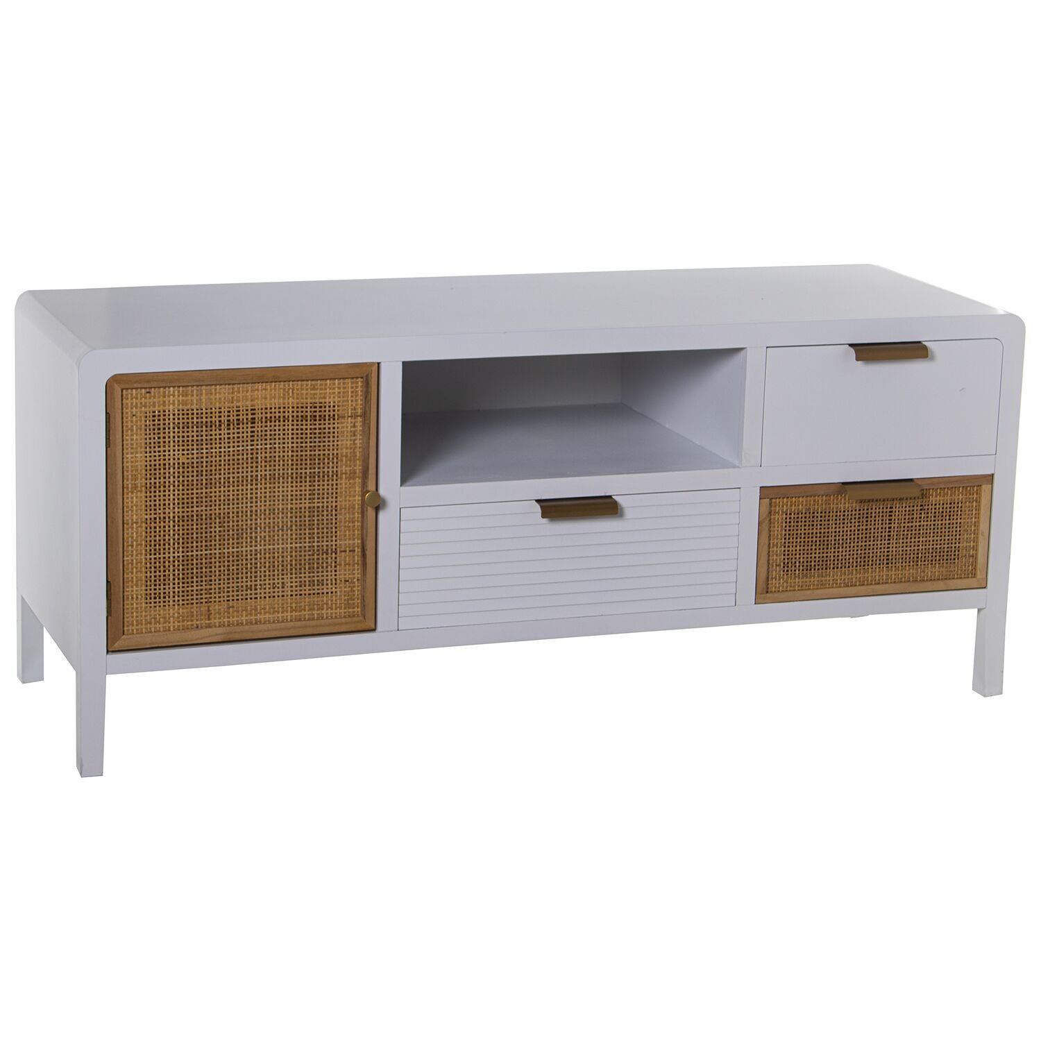 WOODEN TV CABINET 2 DRAWERS+DOOR WHITE/RATTAN 120X40X50CM, FIR+DM+RAT┴N ST49897