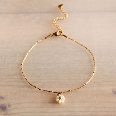 Stainless steel fine anklet with daisy flower – cream/gold