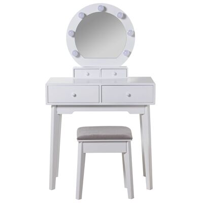 WHITE WOODEN DRESSING TABLE W/MIRROR LED LIGHTS+STOOL 75X40X130CM-STOOL:36X28X45 ST47502