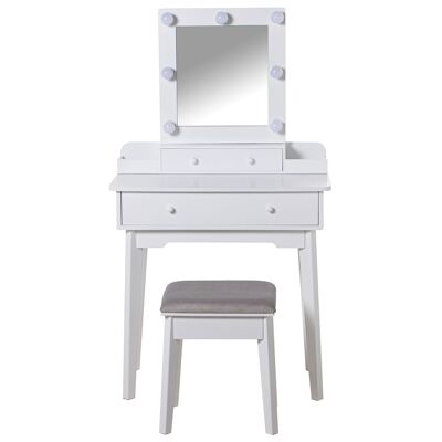 WHITE WOODEN DRESSING TABLE WITH MIRROR, LED LIGHTS+STOOL 75X40X135CM-STOOL:36X28X45 ST47504