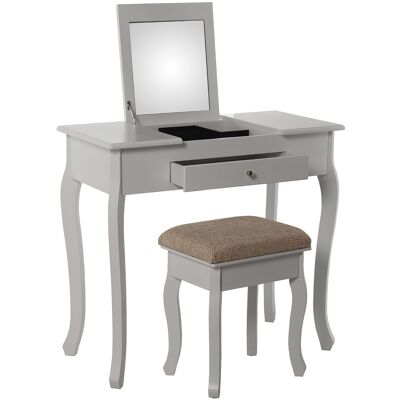 COIFFEUSE EN BOIS BLANC AVEC MIROIR + BANC REMBOURRÉ EN TISSU BEIK 80X40X74CM-BANC:36,5X29X46CM ST45276