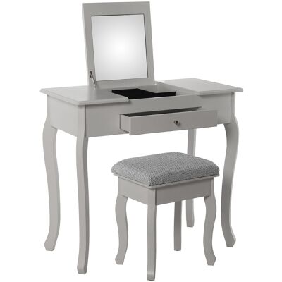 COIFFEUSE EN BOIS BLANC AVEC MIROIR + BANC REMBOURRÉ EN TISSU GRI 80X40X74CM BANQUETTE:36,5X29X46CM ST53101