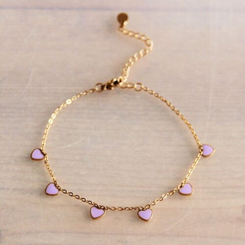 Stainless steel fine anklet with mini hearts – lilac/gold