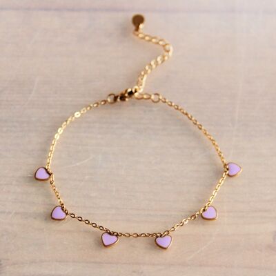 Stainless steel fine anklet with mini hearts – lilac/gold