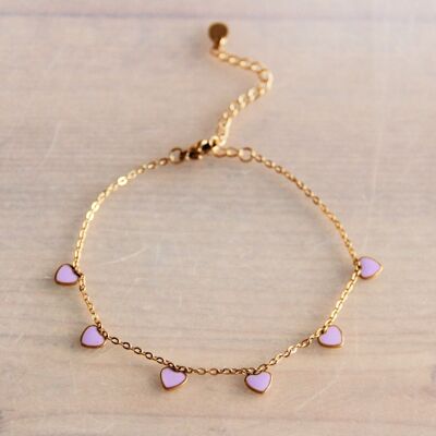 Bracelet de cheville fin en acier inoxydable avec mini cœurs – lilas/or