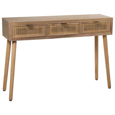 WOODEN ENTRANCE TABLE WITH 3 NATURAL RATTAN DRAWERS, PAULOWNIA+ DM 110X30X78CM, HIGH. LEGS:60CM ST68036