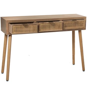 TABLE D'ENTRÉE EN BOIS AVEC 3 TIROIRS EN ROTIN NATUREL, PAULOWNIA+ DM 110X30X78CM, HAUTE. PIEDS:60CM ST68036 3