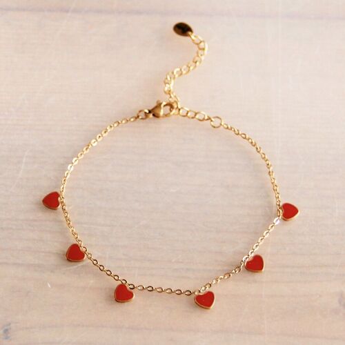 Stainless steel fine anklet with mini hearts – red/gold