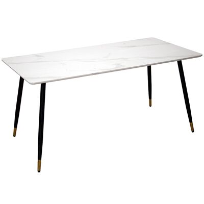Esstisch aus Holz mit weißem Marmoreffekt +84230, 160 x 80 x 76 cm, schwarze Metallbeine, ST84222