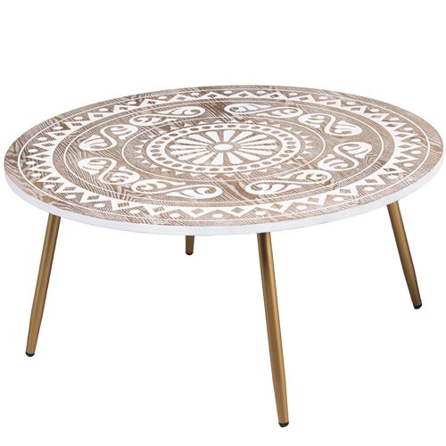 MESA CENTRO MADERA TALLADA NATURAL/BLANCO PATAS METAL DORADO _°90X42CM, MADERA DM ST71948