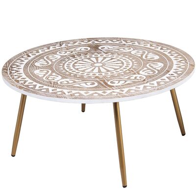 NATURAL/WHITE CARVED WOOD COFFEE TABLE GOLDEN METAL LEGS _°90X42CM, MDF WOOD ST71948