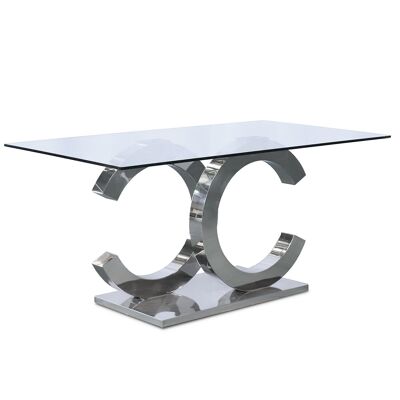 GLASS DINING TABLE WITH GLOSSY STEEL BASE +90966+90967 _160X90X75CM GLASS TEMP:12MM ST40350