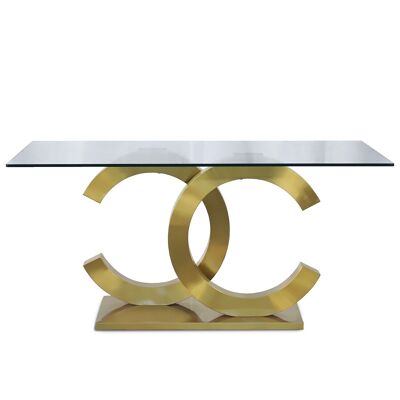GLASS DINING TABLE WITH MATT GOLD STEEL BASE +91175+91176 _160X90X75CM GLASS TEMP:12MM ST84169