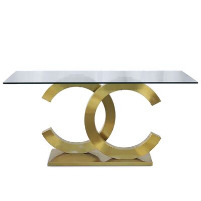 MESA COMEDOR CRISTAL C/BASE ACERO ORO MATE +91175+91176 _160X90X75CM CRISTAL TEMP:12MM ST84169