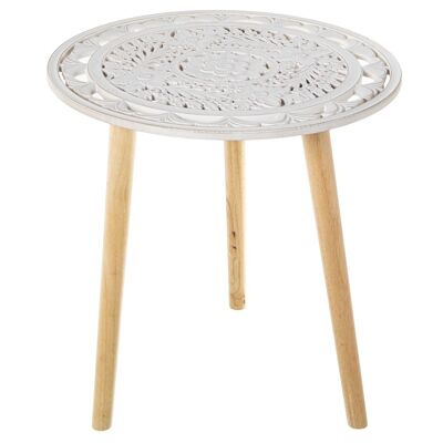 WHITE OPENWORK WOOD AUXILIARY TABLE, NATURAL LEGS °60X62CM ST70098