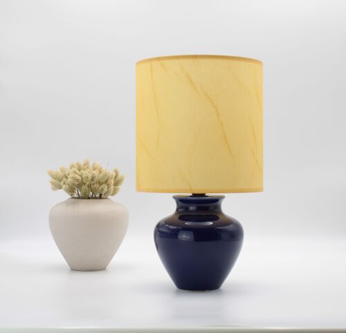 Blue table lamp with parchment style fabric shade or white fabric shade