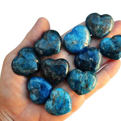 Lot de 10 pièces de cristal de cœur sculpté d'apatite bleue (30 mm)