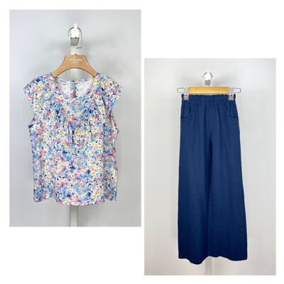 Floral top and linen pants set for girls