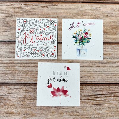 Small square traditional love greeting cards in a set of 3 x 5