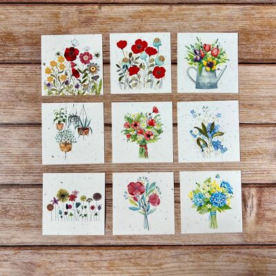 Small square traditional flower greeting cards in a set of 5 x 9