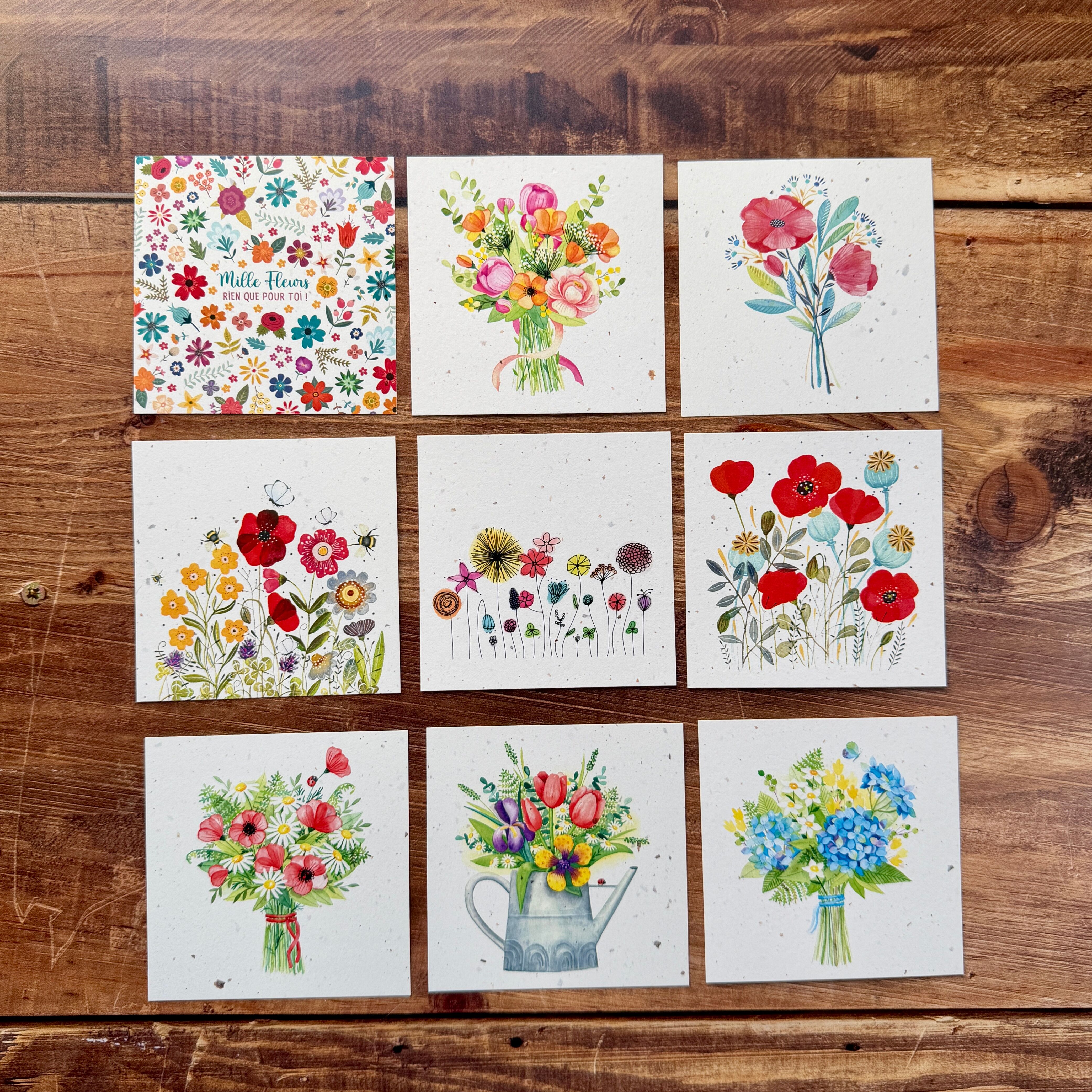 Small square traditional flower greeting cards in a set of 5 x 9