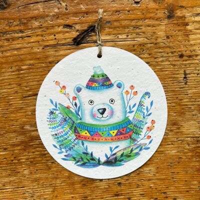 Tarjeta de felicitación con semillas para plantar oso blanco redondo.