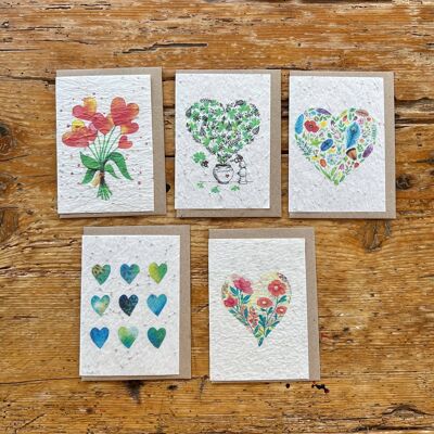 Tarjeta de felicitación con semillas para plantar corazón / San Valentín en set de 3 x 5