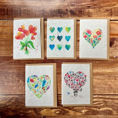 Carte de vœux ensemencée à planter coeur / Saint Valentin en lot de 3 x 5