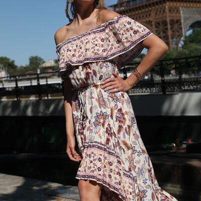 Bohemian print ruffled long dress with bare shoulder