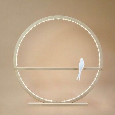 Circle lamp in natural wood with 1 swallow in porcelain biscuit