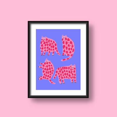 Pink & Red Cats Cobalt Print (A3)