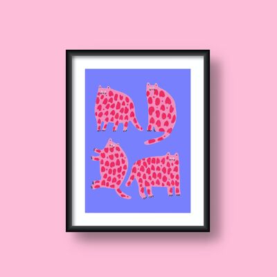 Pink & Red Cats Cobalt Print (A4)