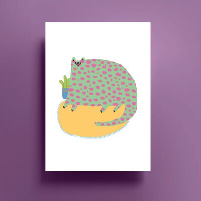 Purple and Green Cat Print (A4)