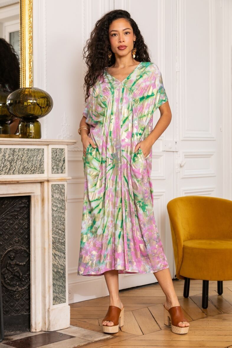 Langes merzerisiertes Kleid, V-Ausschnitt, ausgestellter Schnitt