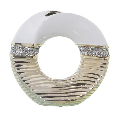 WHITE/CHAMPAGNE CERAMIC RING VASE WITH GLITTER 23X10X22CM ST52652