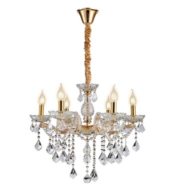 Lustre suspendu en cristal d'aspect vintage en or et clair avec 6 lumières 1