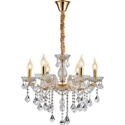 Vintage Looking Crystal Pendant Light Chandelier in Gold and clear with 6 lights