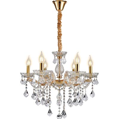 Lustre suspendu en cristal d'aspect vintage en or et clair avec 6 lumières