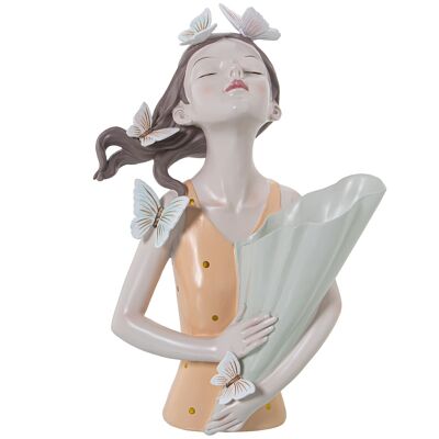 FIGURA IN RESINA TORSO RAGAZZA CON VASO, T-SHIRT ARANCIONE _22X14X31CM ST50446