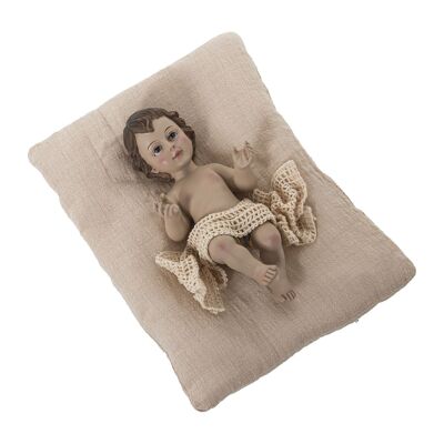 RESIN FIGURE CHILD JESUS ​​18CMC/BEIGE LINEN CUSHION _FIG:9X18X7CM CUSHION:22X15X4CM ST50475