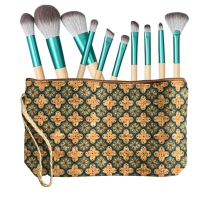 green-goose Bamboo Make-up Brushes in Cork Bag | Turquoise