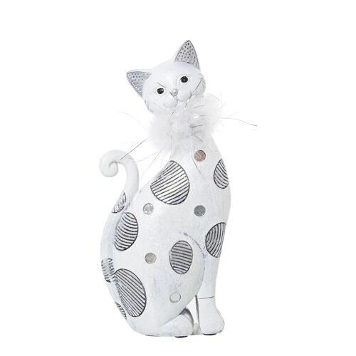 FIGURA RESINA GATO BLANCO/PLATA C/PLUMA ARTIFICIAL 10X6X23CM ST50279