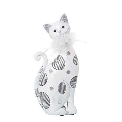 RESIN FIGURE WHITE/SILVER CAT W/ARTIFICIAL FEATHER 10X6X23CM ST50279