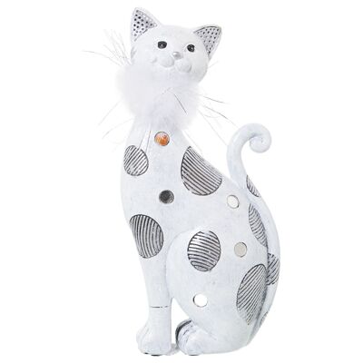 RESIN FIGURE WHITE/SILVER CAT W/ARTIFICIAL FEATHER 12X6X26CM ST50280