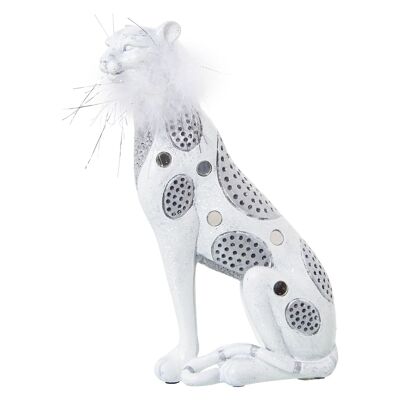 WEISS/SILBER LEOPARDENHARZFIGUR MIT KÜNSTLICHER FEDER 16X8X25CM ST50281