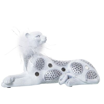 WEISS/SILBER LEOPARDENHARZFIGUR MIT KÜNSTLICHER FEDER 23X9X12CM ST50282